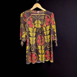 Sweet Pea Sz L Brown Red and Yellow Floral Blouse Mesh